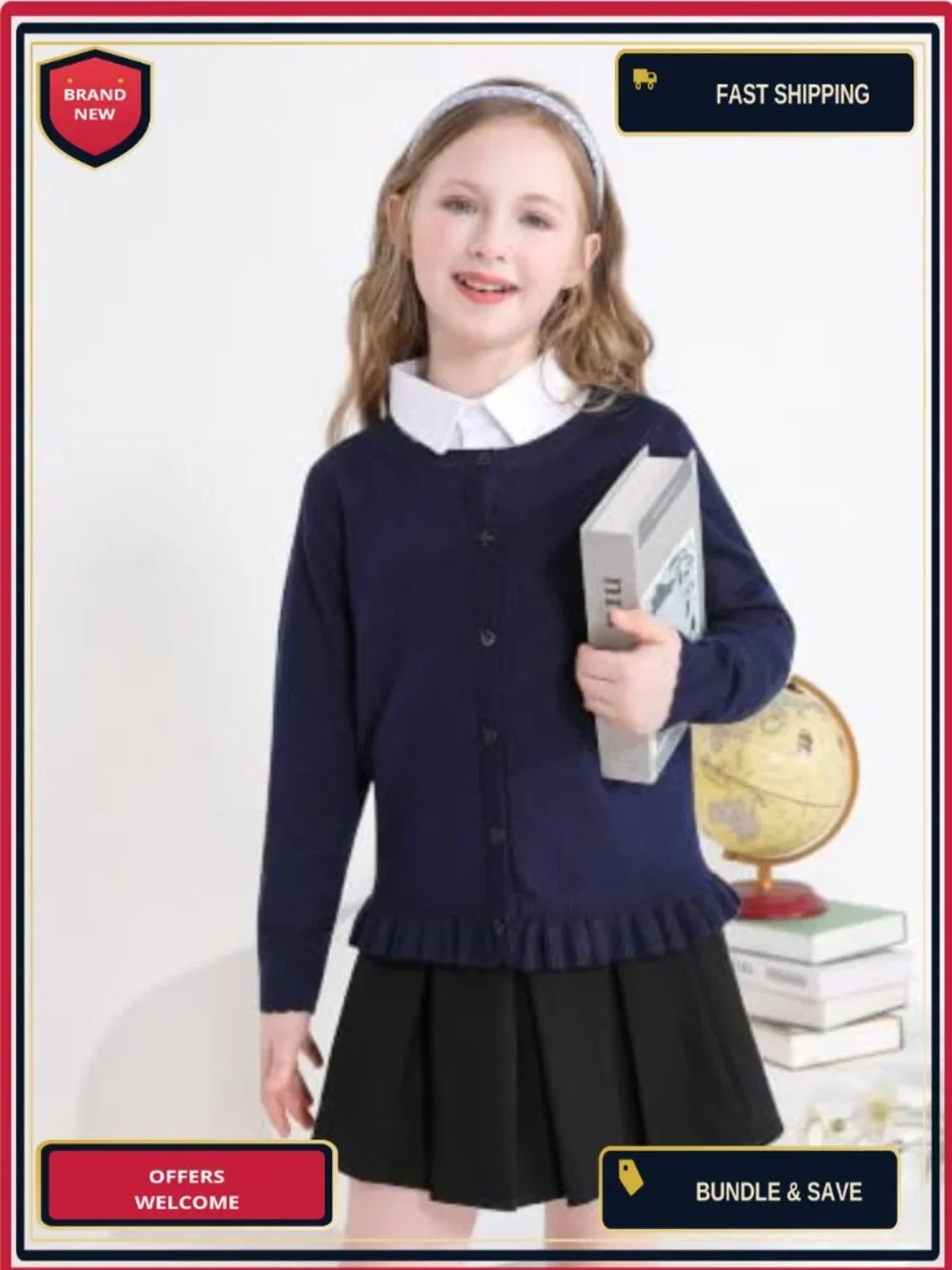 Girls Ruffle Long Sleeve Knit Cardigan Sweater Button Up